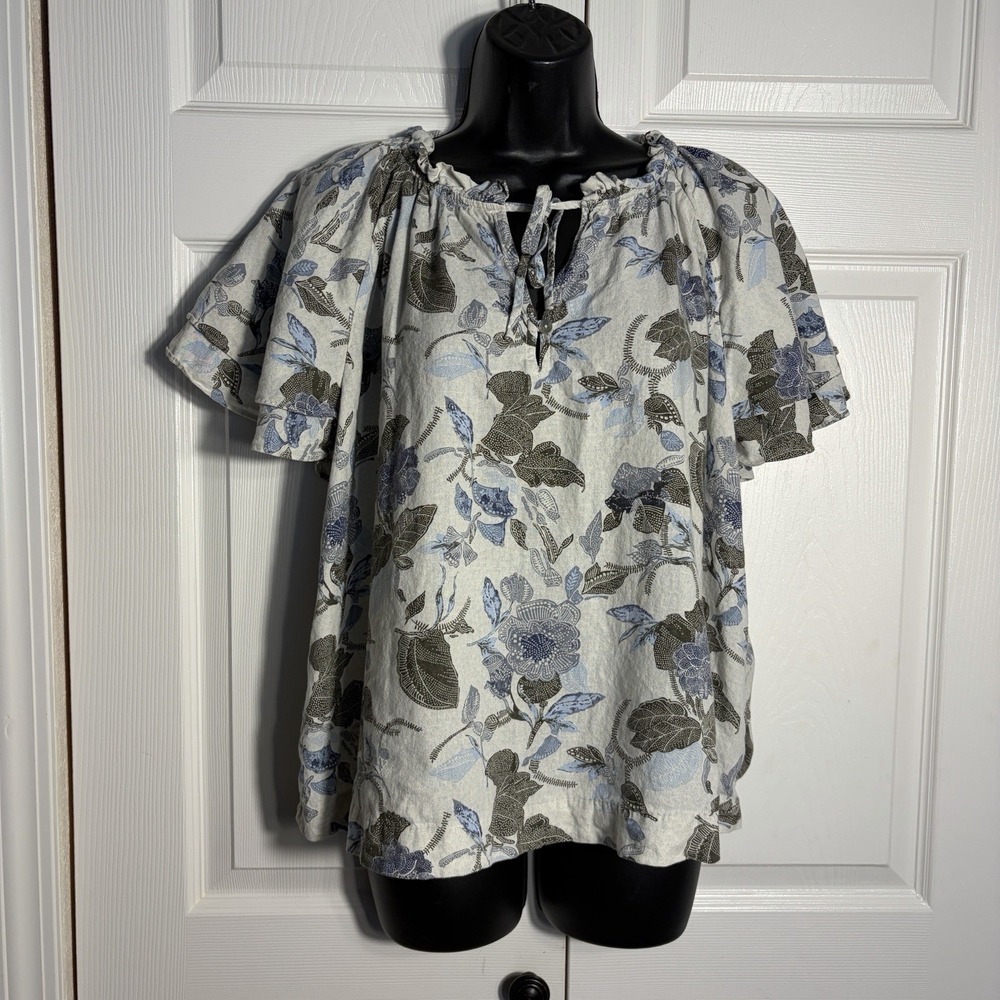 Treasure &‎ Bond Linen Blend Shirt Women L Blue Green Floral Flutter Sleeve Top